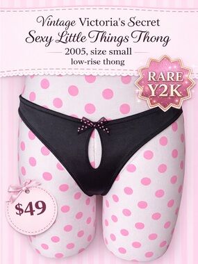 Victoria's Secret Sexy Little Things Black Low-Rise Thong Polka Dot Bow 2005 EUC